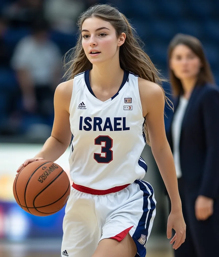 A young woman in a white basketball jersey with "ISRAEL" and the number "3" on it,  dribble a basketball with her left hand. She is wearing a white jersey with blue and red trim, and her hair is long and brown. She is focused on the ball and looks determined. An out-of-focus adult woman is standing behind her. The photo was taken on a basketball court with a blurred background.