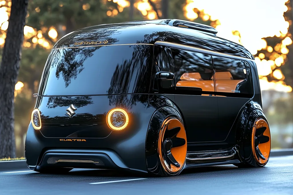 A futuristic, black Suzuki van with orange accents is driving down a road. The van has a sleek design with large, round headlights and a distinctive Suzuki logo. It has a panoramic windshield and large, orange wheels. The background features a blurred image of trees and a sunset sky. The van appears to be an electric vehicle, with a focus on clean energy and modern aesthetics.