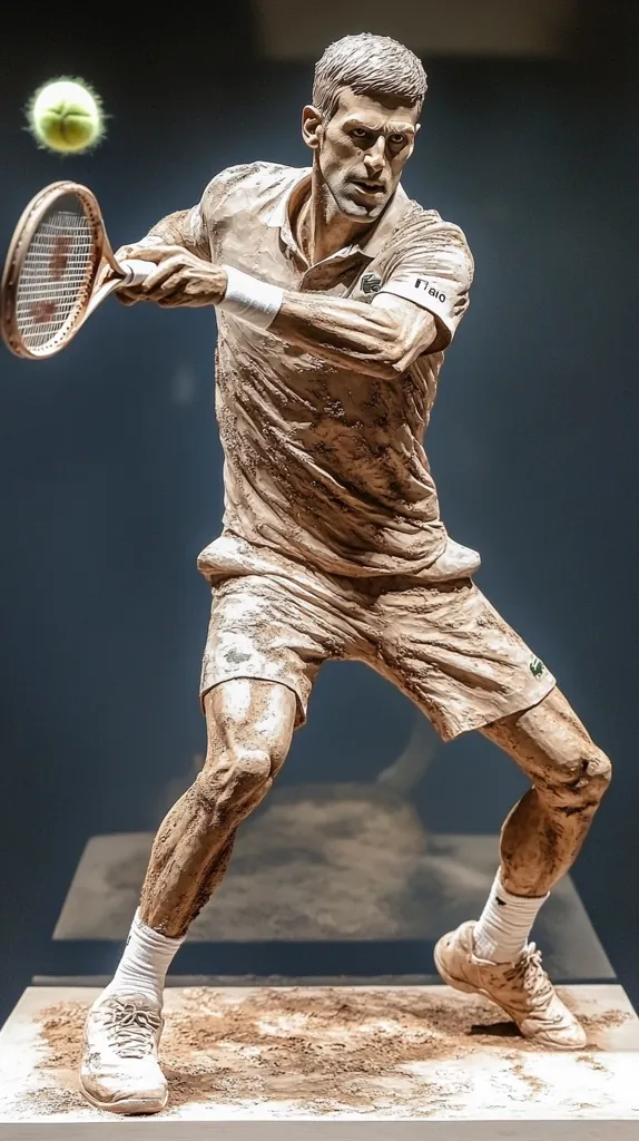 The image is a clay sculpture of a tennis player in mid-swing. The player is wearing a white tennis shirt with a green logo, white shorts, and white socks and shoes. The sculpture is very realistic, with the player's muscles and tendons clearly defined. The clay is textured, giving the sculpture a rough, earthy appearance. The player's face is serious and determined, and his eyes are focused on the ball. The sculpture is set on a white pedestal, and the background is a dark gray wall. A tennis ball is flying above the player's head.