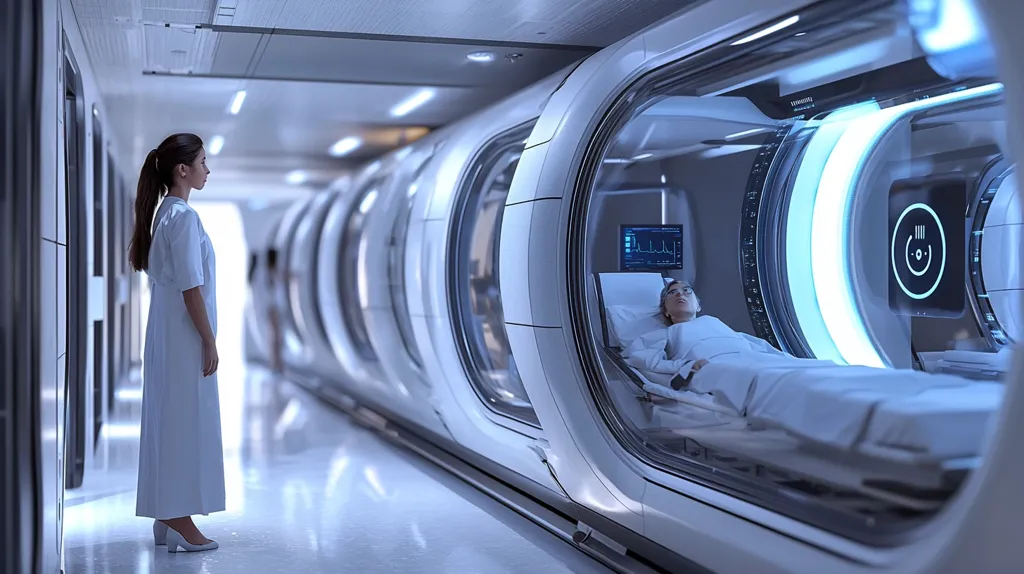 A futuristic medical facility with a long, white corridor lined with individual pods. A woman in a white gown stands in the hallway, looking towards the pod at the end of the corridor. Inside the pod, a patient lies on a bed, connected to medical equipment. The pod is illuminated with a bright blue light, creating a sterile and futuristic atmosphere.