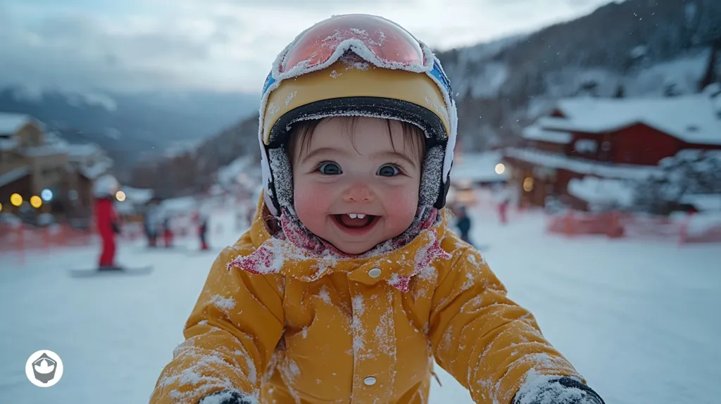 A young child, dressed in a yellow snowsuit and a ski helmet, stands in a snowy landscape with a bright, toothy smile. The background is a blurry scene of a snowy mountain village, suggesting a winter wonderland. The child's face is illuminated by the soft, diffused light of the setting sun.  The image captures the joy and innocence of childhood in a winter setting.