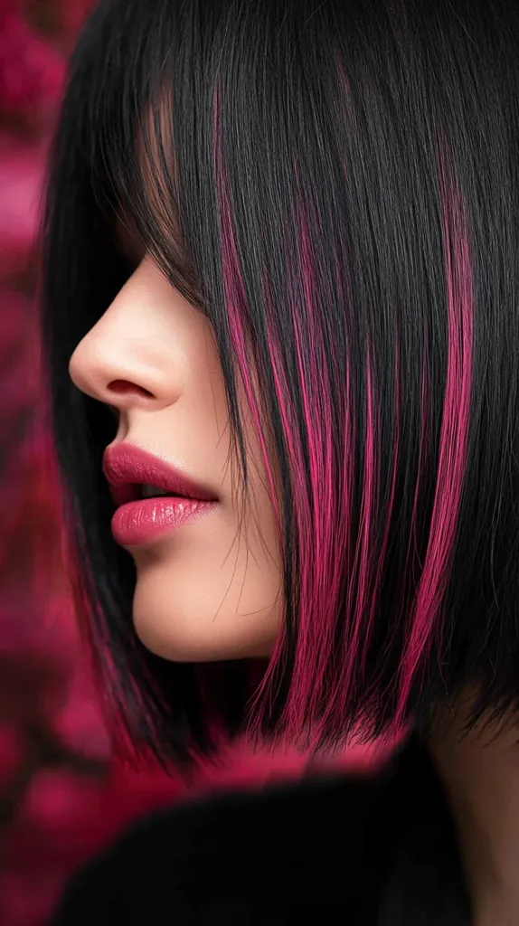 A close-up portrait of a woman with black hair streaked with pink. Her hair is styled in a bob and she is looking off to the side. She has a soft, natural makeup look, with pink lips.  The background is a blurred pink, creating a soft, romantic feel.  The image highlights the bold, unique style of the woman.