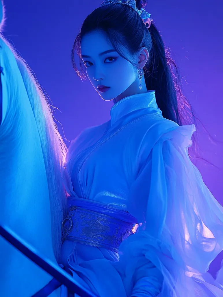 A young woman with long black hair tied back in a ponytail, wearing a flowing white dress with a blue sash and intricate silver detailing,  poses against a backdrop of vibrant blue light. She gazes intensely towards the camera, creating a striking and alluring image.
