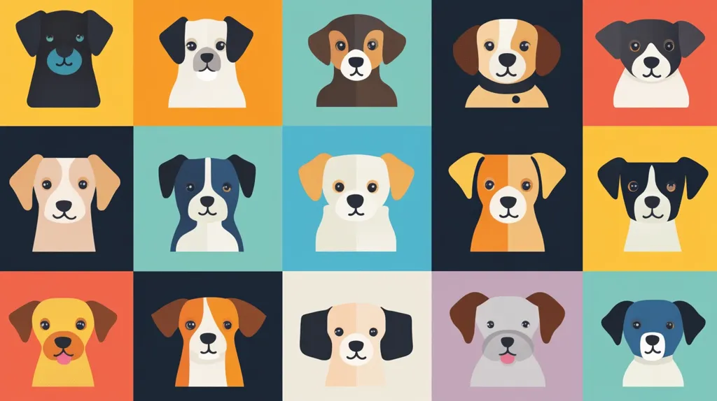 The image features 16 adorable cartoon dog heads arranged in a 4x4 grid. The dogs come in a variety of breeds and colors, with playful expressions and big, soulful eyes. They are each framed against a solid background color, creating a visually appealing and diverse collection.