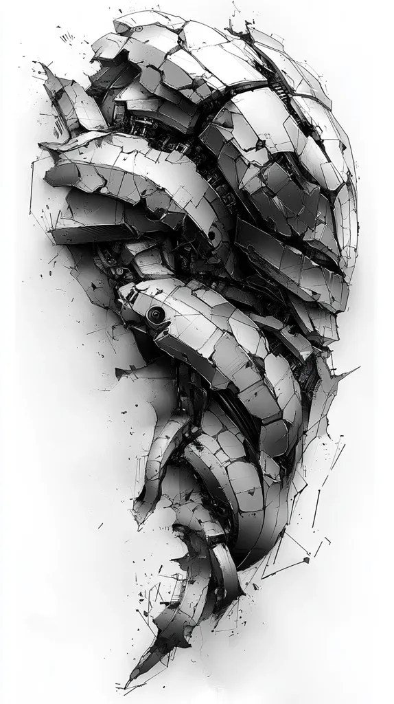 A detailed sketch of a metallic, fragmented robot head. The head is drawn in shades of gray, with intricate details of cracks and exposed inner workings. The sketch is done in a rough, almost scribbled style, capturing the robot's broken and decaying state. The background is a stark white, emphasizing the robot's form.  The image suggests a sense of destruction and decay, with a hint of futuristic technology.