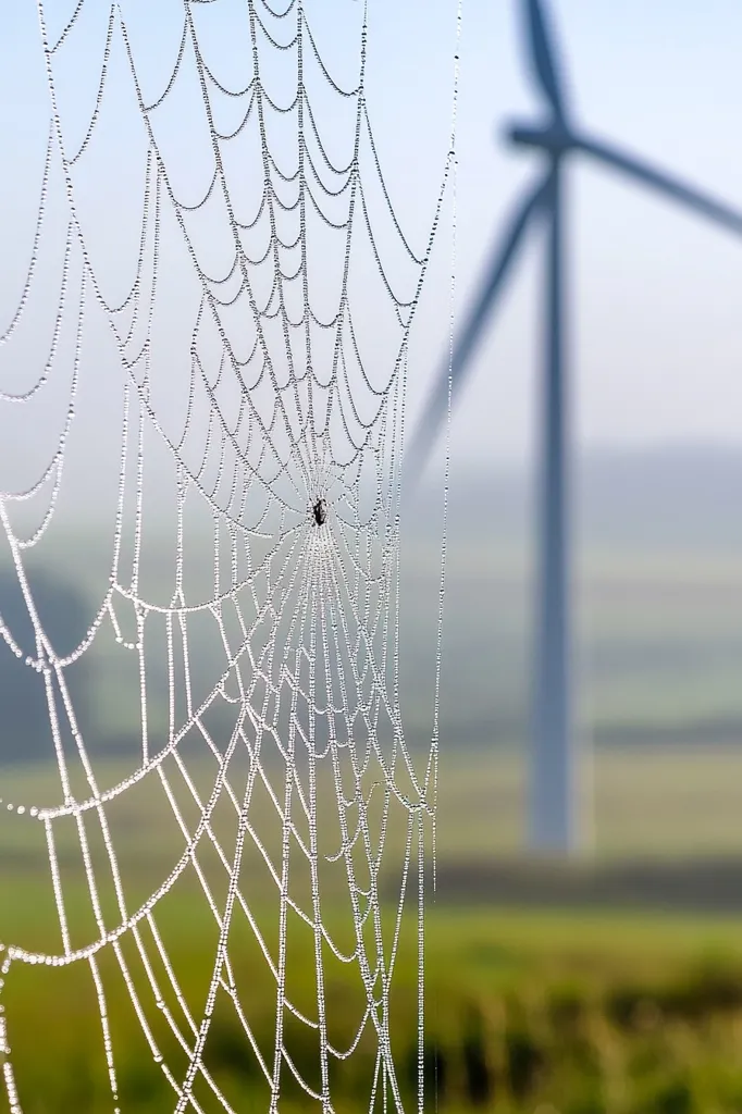 A spider web glistening with morning dew hangs in front of a wind turbine. The web is delicate and intricate, with each strand coated in tiny water droplets. The turbine is out of focus, creating a blurry background that emphasizes the beauty of the web.  The scene captures the peaceful tranquility of a rural landscape at dawn.