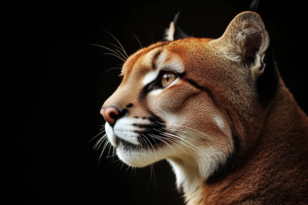 A close-up shot of a lynx's profile, captured against a black background. Its piercing golden eye, sharp nose, and tufts of fur around its ears create a sense of alertness and focus. The lynx's soft, reddish-brown fur and white markings add to its captivating beauty. The image highlights the animal's wild instincts and natural grace.