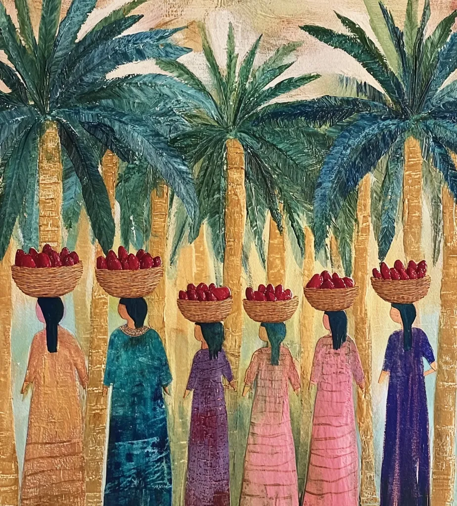 Six women in brightly colored dresses are walking through a grove of palm trees. They are carrying baskets of red fruit on their heads. The trees are tall and slender, with lush green fronds. The background is a hazy yellow and orange, creating a warm and sunny atmosphere. The painting is a vibrant celebration of life and nature.