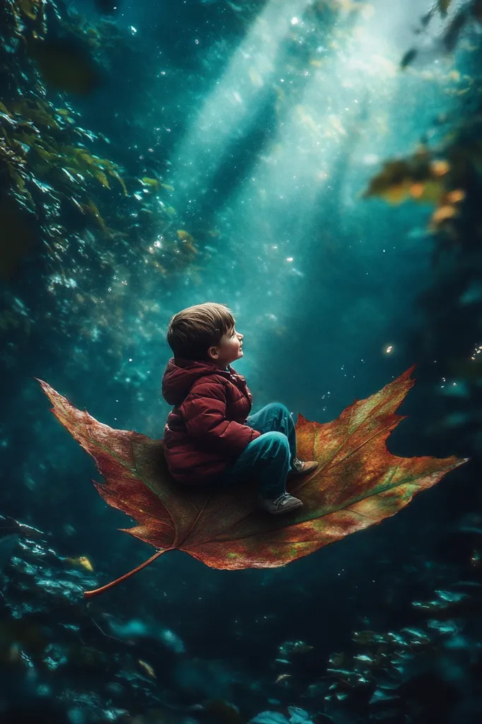 A young boy, wearing a red jacket and blue jeans, sits on a large, brown leaf that is floating in a deep blue, underwater world.  Light filters through the water, illuminating the boy and leaf with a soft, ethereal glow. The scene is magical and dreamlike, suggesting a journey into the unknown.