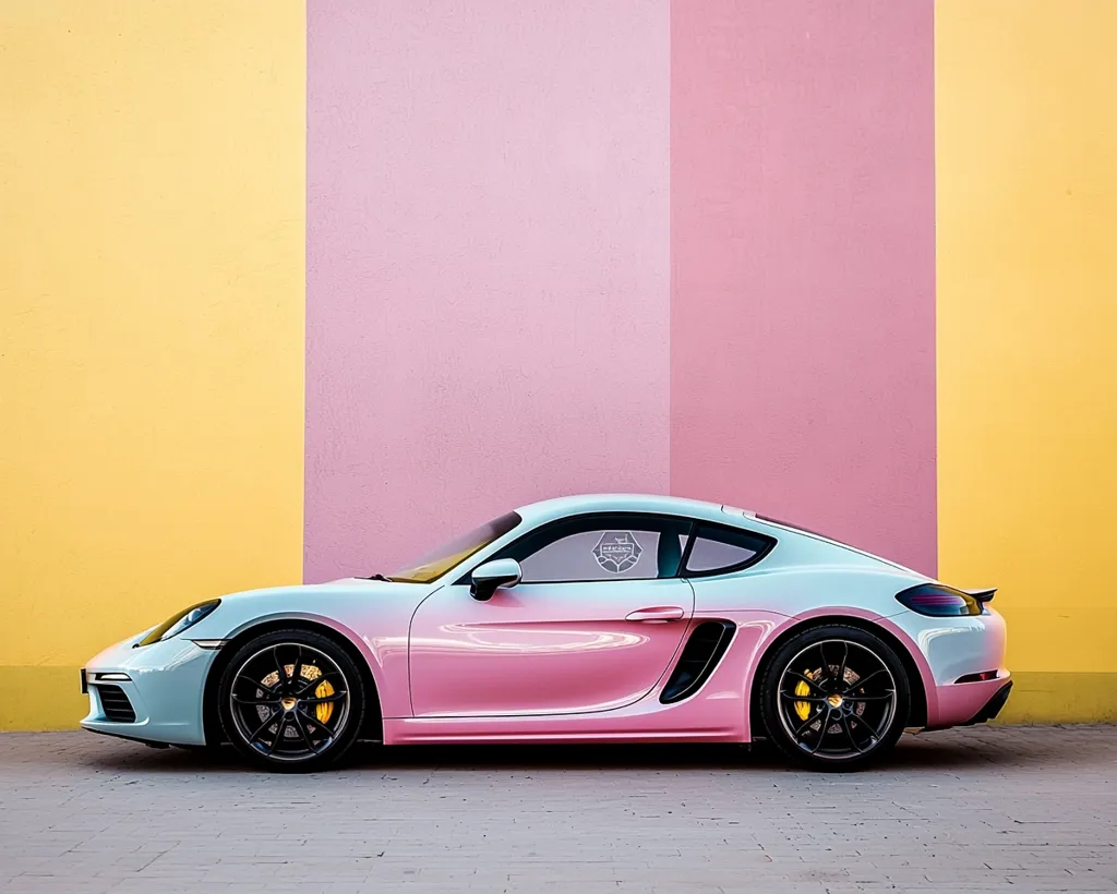 A light blue and pink Porsche is parked in front of a wall. The wall is split into three sections: yellow, pink, and yellow. The car is facing the camera, with its front wheel turned slightly to the left. The car's wheels are black, and it has yellow brake calipers. The car has a sticker on the rear passenger window. The background is blurred.  The image is well-lit, with bright colors.  The car looks new and shiny.