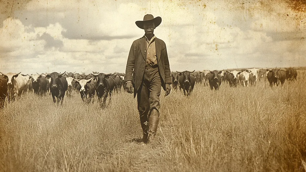 A black cowboy in a wide-brimmed hat and long coat walks through a field of tall grass with a herd of cattle behind him. The image is in sepia tone and has a vintage feel.  The cattle are a mix of black and white, and they are all moving in the same direction. The cowboy looks directly at the camera, and his expression is serious. The image captures a moment of quiet determination and hard work on the American frontier.