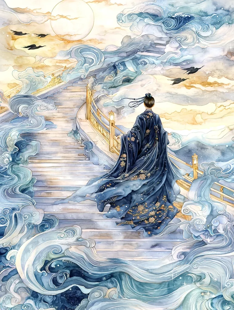 The image is a watercolor painting depicting a woman in a long blue robe walking up a set of stairs. The stairs are surrounded by flowing water and clouds, creating a whimsical and ethereal atmosphere. The woman's hair is pulled back, and her robe is adorned with gold embroidery. She appears to be ascending to a higher place, perhaps a temple or a palace. The image is full of soft colors and delicate details, suggesting a peaceful and magical journey.