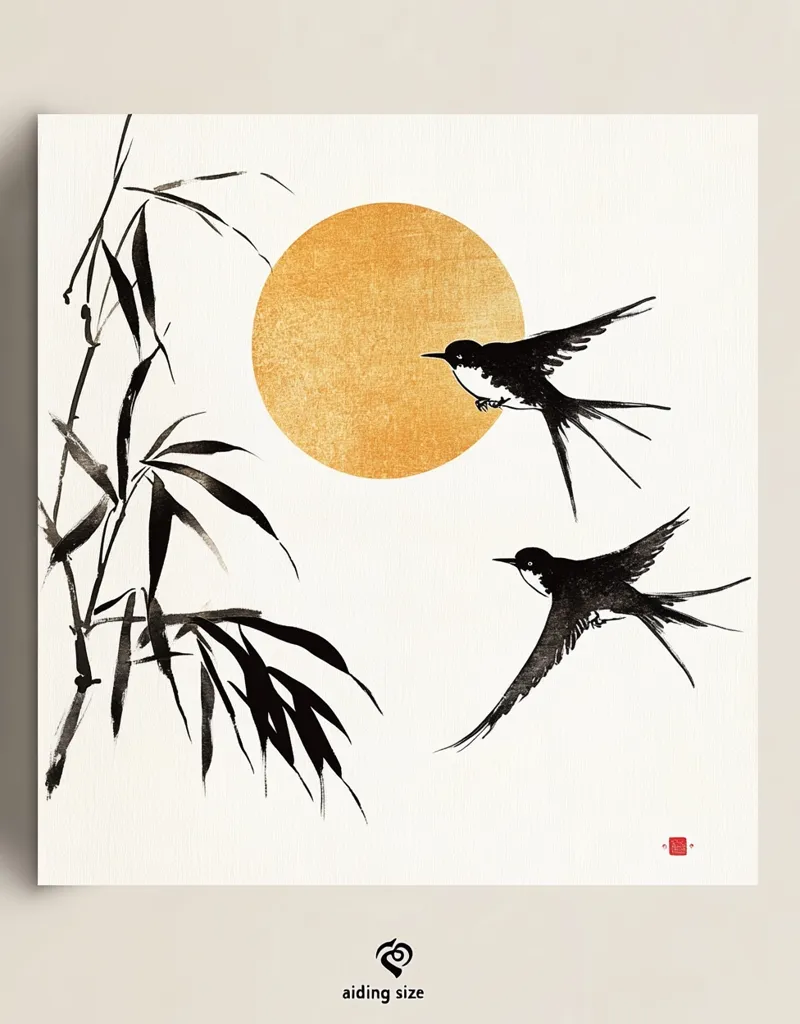 The image is a minimalist black and white ink painting on a white background. It features two black birds flying against a large, golden, sun-like circle. On the left side of the image, a black ink branch with leaves stretches upward, adding a sense of movement and balance. The simple yet elegant composition evokes a sense of peace and tranquility, typical of traditional Japanese ink painting.  The overall effect is serene and calming.
