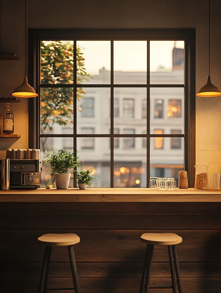 The image shows a cozy coffee shop interior with a wooden counter and two stools. A large window with a view of a city street provides natural light. Hanging lights illuminate the counter and there are various objects like a coffee machine, plants and glassware. The warm, rustic atmosphere creates a welcoming ambiance.