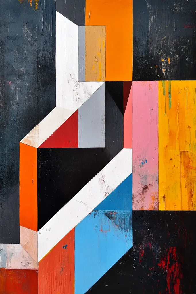 The abstract painting features a bold, geometric design with sharp angles and contrasting colors. The dominant colors are black, white, orange, red, and blue, creating a striking visual impact. The painting appears to be layered, with different colors overlapping and creating a sense of depth. The artist's brushstrokes are visible, adding to the textured quality of the artwork. The overall effect is one of energy and dynamism.
