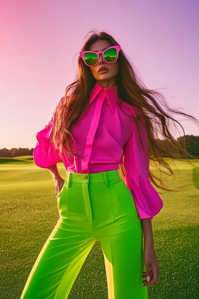 A woman with long brown hair stands on a green grassy field wearing a bright pink collared shirt and lime green pants. She is wearing large pink sunglasses and her hair is flowing behind her. The sky behind her is a soft pink. The scene is bright and colorful, conveying a sense of vibrancy and style.