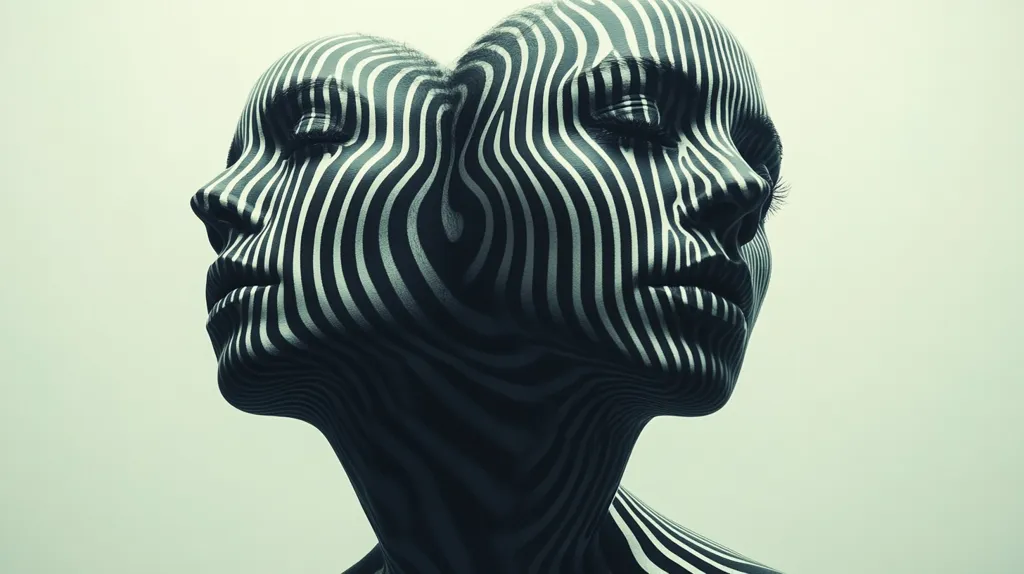 The image is a close-up portrait of a person's face. The face is covered in black and white stripes, creating a zebra-like pattern. The person's eyes are closed, and their lips are slightly parted. The background is a plain white, highlighting the bold pattern on the face. The image has a surreal and artistic feel, evoking thoughts of identity and duality. The stripes could symbolize a person's inner struggles or the complexity of their personality.  The image is visually captivating and thought-provoking.