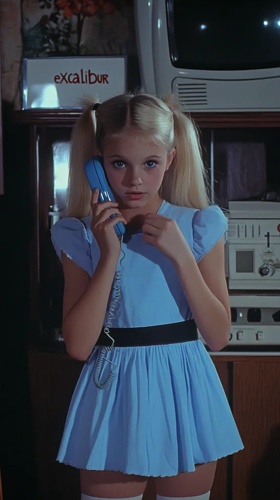 dvd screengrab, from 1982 dark fantasy film, "excalibur" Girl of about 14 years old with two pigtails and blonde hair, light blue eyes, a light blue dress with a black stripe at the waist and white stockings, taking a call from a home phone --ar 9:16 --v 6.1