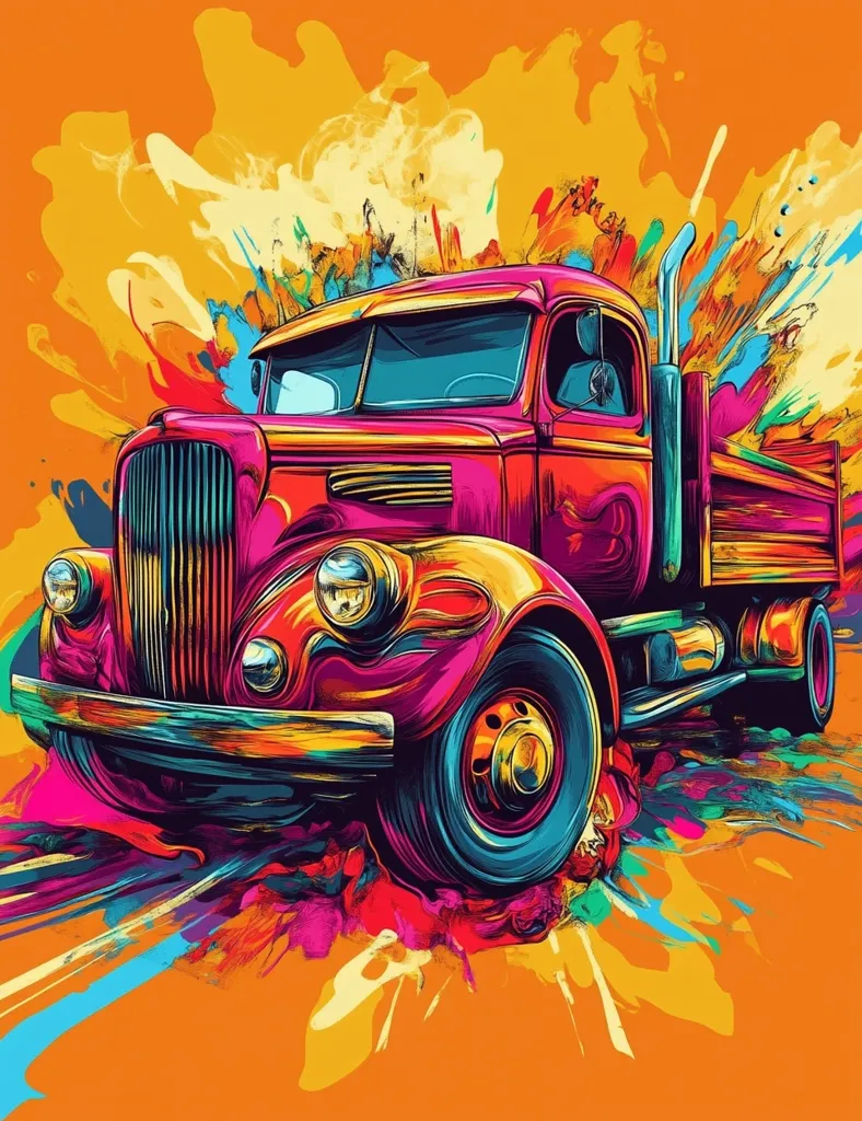 A vibrant, stylized illustration of a vintage truck, painted in bright, bold colors, with splashes of paint creating a dynamic background. The truck's red body and chrome accents are emphasized, contrasting against the bright orange background and the colorful paint splatters. The artwork uses bold lines and dynamic shapes to create a sense of movement and energy. The overall effect is a powerful and eye-catching image that celebrates both the vintage truck and the art of illustration.
