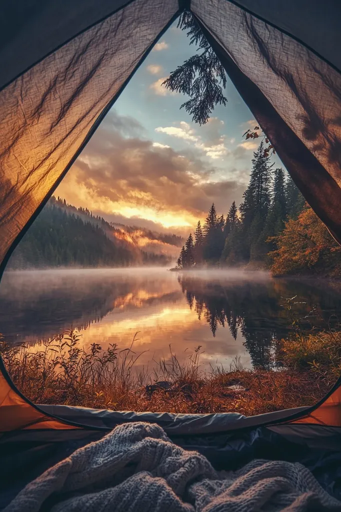 A picturesque view of a lake surrounded by dense forest, captured from inside a tent. The sky is ablaze with golden hues of sunset, reflecting on the calm water. The scene evokes a sense of tranquility and solitude, perfect for a peaceful camping experience. The warm light and misty atmosphere create a magical ambiance.