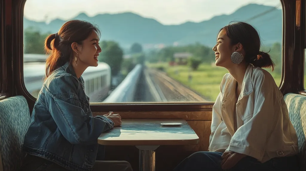 Two young women are sitting at a table in a train carriage, facing each other. They are both smiling and seem to be engaged in a conversation. The train is traveling through a countryside landscape, with rolling hills and a distant view of a track. The warm sunlight streams in through the window, illuminating the scene. The woman on the left is wearing a denim jacket, while the woman on the right is wearing a white jacket. They both have their hair tied back, and they are both wearing earrings. The image captures a moment of intimacy and connection between two friends on a train journey.