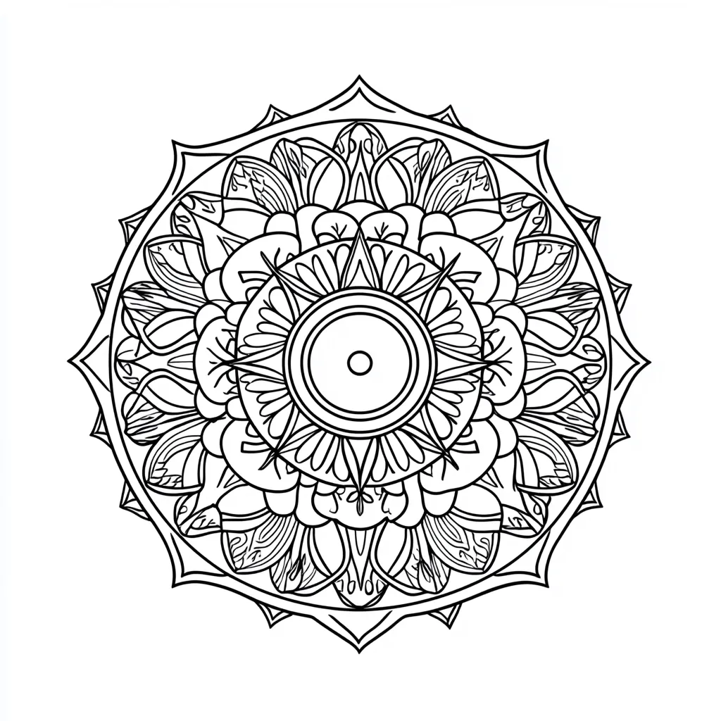 The image is a black and white mandala with intricate details. It features a central circle surrounded by multiple layers of swirling patterns, petals, and geometric shapes. The design is symmetrical and creates a sense of balance and harmony.  The intricate details make it visually captivating and suitable for coloring.