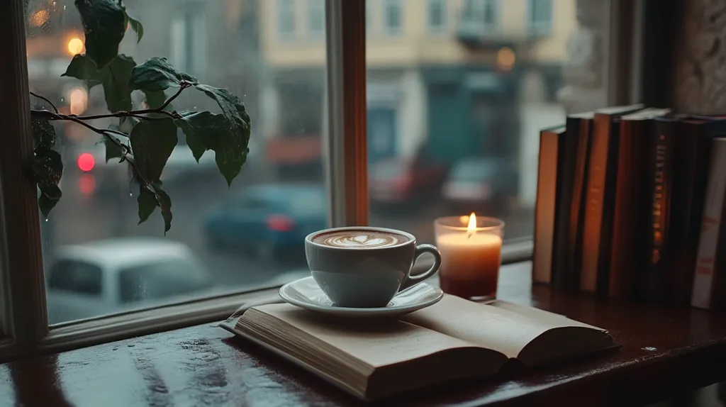 A cup of coffee sits on a saucer next to an open book, on a wooden table near a window.  A candle is lit next to a stack of books. The window looks out onto a rainy street.  The scene is cozy and inviting, perfect for a rainy day.