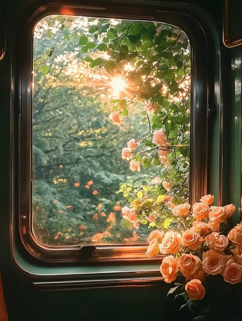 A window on a train, framed in dark wood, looks out onto a sun-drenched forest.  Green leaves and branches reach towards the bright light, and delicate pink blossoms peek through the foliage.  A bouquet of roses, also pink, sits on the windowsill, adding a touch of romance to the scene.  The light shines through the window, casting a warm glow on the surrounding space.  The image evokes a sense of peace and tranquility.