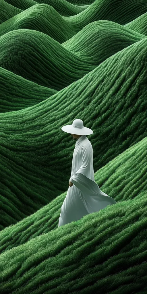 A lone figure in a white robe and wide-brimmed hat walks across a field of rolling green hills. The landscape is composed of soft, undulating mounds, creating a mesmerizing pattern of green. The figure's white clothing contrasts sharply with the vibrant green, highlighting their solitary presence. The overall impression is one of tranquility and a sense of being lost in nature's embrace.