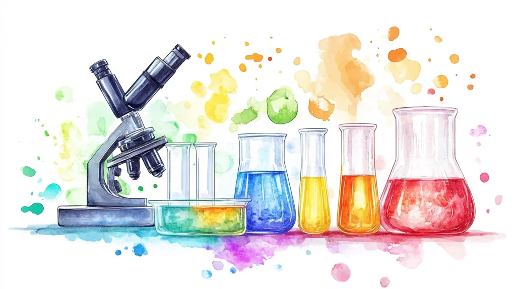 A watercolor illustration of a microscope and beakers filled with colorful liquids. The beakers are arranged in a row, with a microscope on the left. There are watercolor splashes and dots surrounding the image, creating a colorful and abstract background. The image evokes a sense of scientific exploration and discovery.