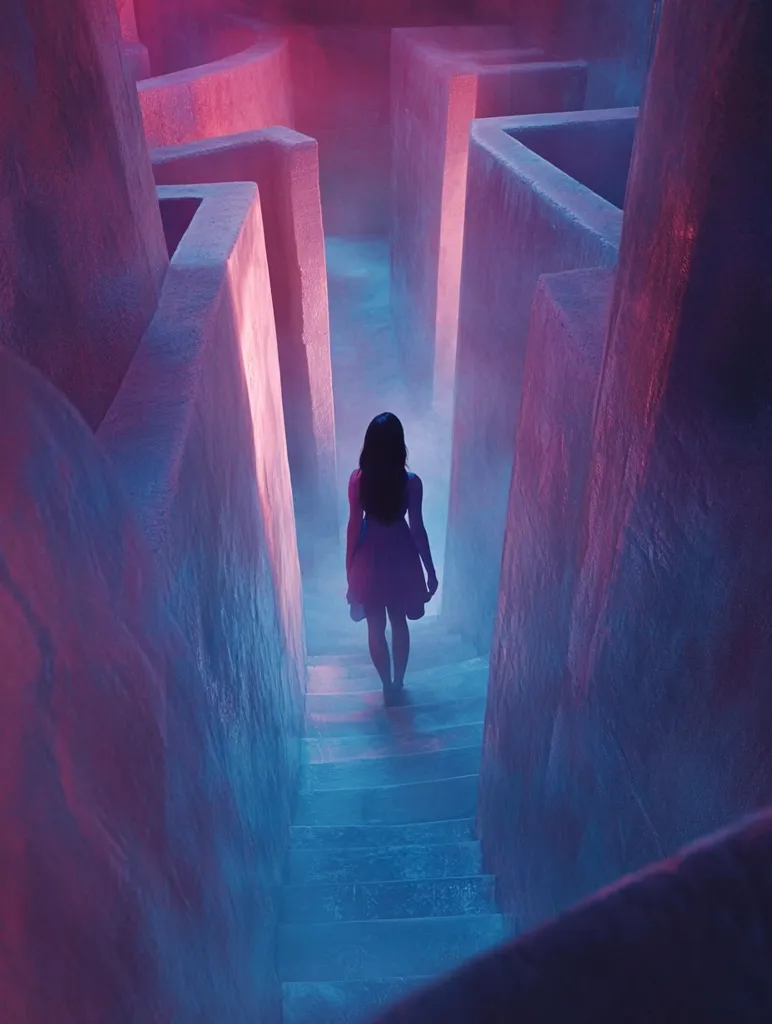 The image shows a woman in a dark dress walking up a staircase in a maze. The walls of the maze are tall and white, and the air is filled with a blue and pink fog. The image is lit with neon lights, creating a mysterious and surreal atmosphere. The woman appears to be alone, and her silhouette is partially obscured by the fog. The image evokes a sense of isolation and uncertainty.