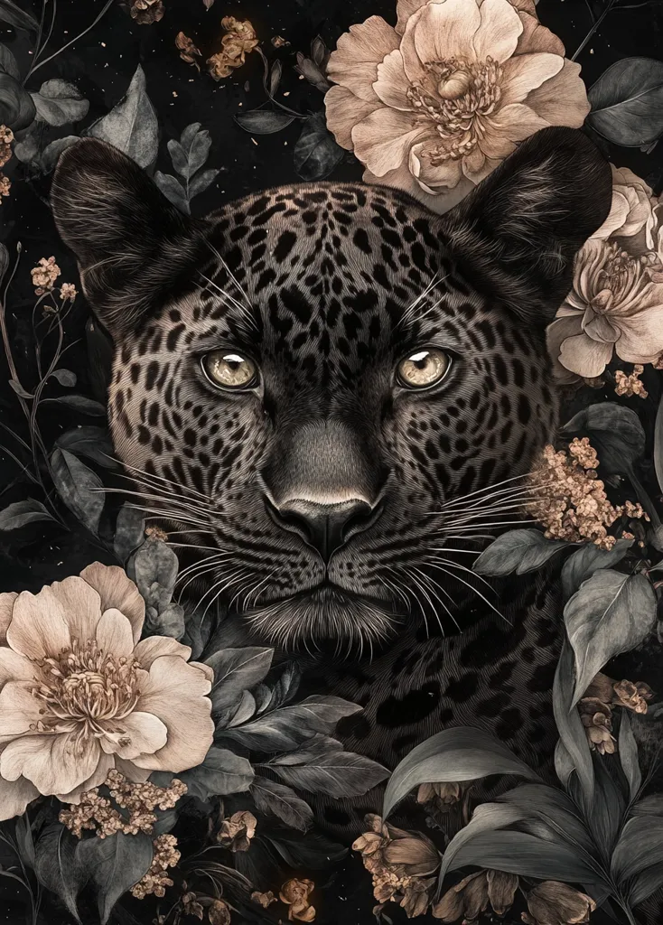 A black leopard with a spotted coat stares intently at the viewer. It is framed by a lush, dark background of large, cream-colored flowers with prominent centers, accented with delicate blossoms in shades of brown and gold. The overall composition conveys a sense of mystery and intrigue.