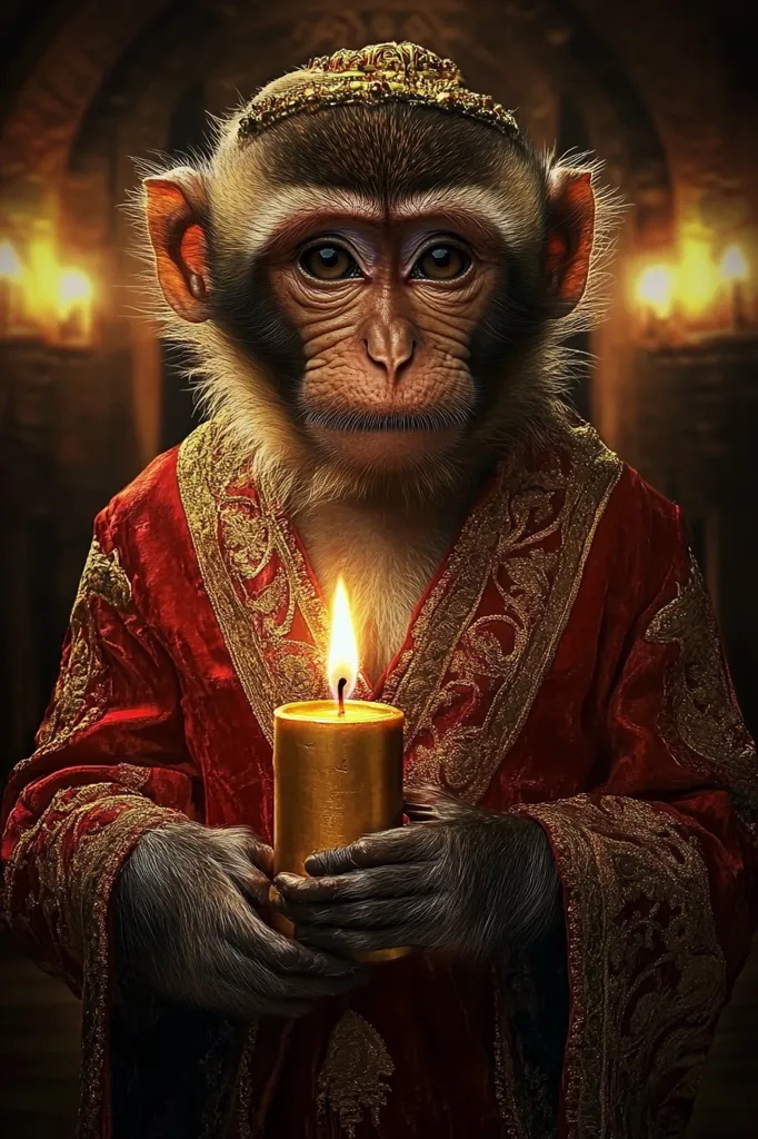 A monkey, dressed in a luxurious red robe adorned with gold embroidery, holds a lit candle in its hands. The monkey wears a golden crown and stares directly at the viewer with a serious expression. The background is dimly lit with golden light emanating from unseen sources. The image evokes a sense of mystery and royalty.