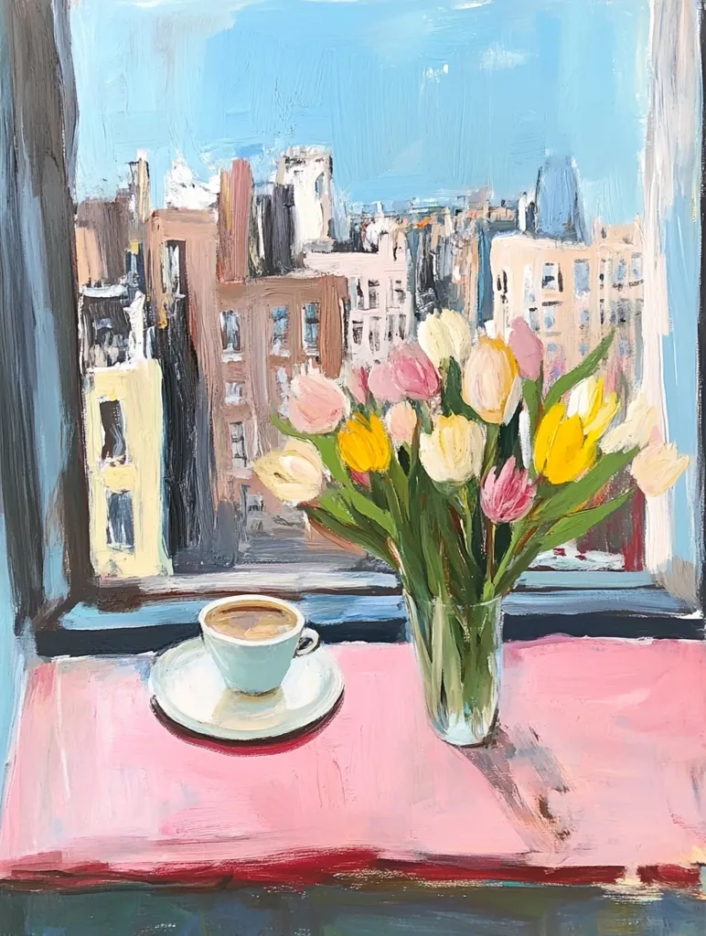 A painting depicts a window view of a city skyline from a room with a pink tablecloth. A cup of coffee sits on a white saucer, and a vase of pink, yellow, and white tulips sits on the table. The sunlight streams in through the window, illuminating the scene. The painting captures a moment of quiet contemplation and beauty in an urban setting.