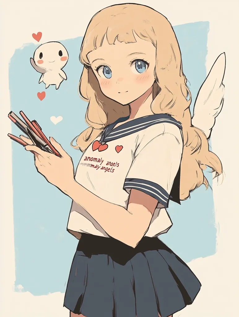 The image depicts a young woman with long blonde hair, wearing a white sailor shirt with a blue collar and a black skirt. She has blue eyes and rosy cheeks. She is holding a bundle of red pencils in her left hand and looking at them with a gentle expression. She has a small, white, winged creature floating above her head and a few red hearts scattered around her. Her shirt says "anomaly angels". The background is a soft blue.  The image gives off a sense of innocence and sweetness.