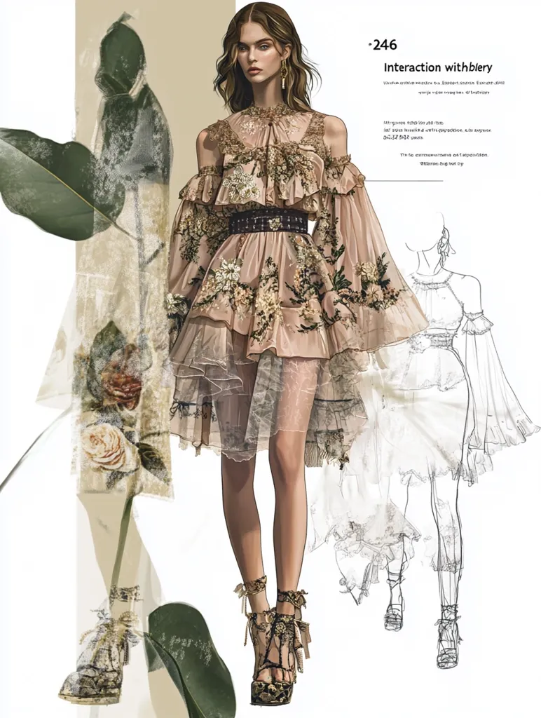The illustration showcases a fashion model wearing a delicate, floral-patterned dress with a layered tulle skirt. The dress has a sweetheart neckline, cold-shoulder sleeves with frills, and a black belt around the waist. The model is adorned with elegant earrings and wears platform heels with intricate straps. The background is a muted beige, complementing the soft and feminine aesthetic of the design. A faint outline of a similar figure is visible in the background, likely depicting the silhouette of the dress. The overall image exudes an ethereal and romantic charm.
