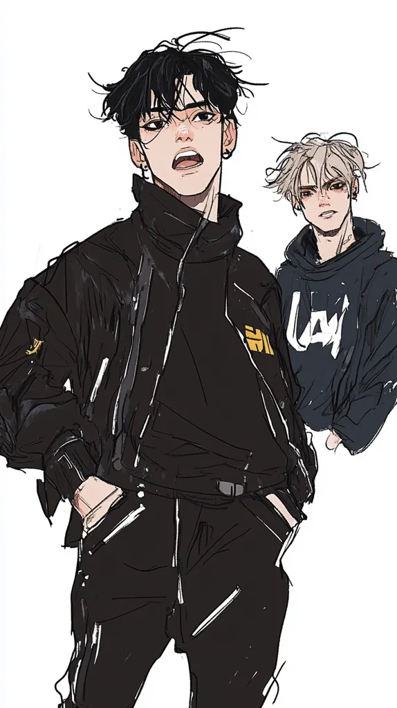 The image shows two young men standing side-by-side. The man on the left wears a black leather jacket, black pants, and a black shirt. He has short, black hair and a serious expression. The man on the right wears a black hoodie with white lettering, black pants, and has short, blonde hair. He has a more casual expression. Both men appear to be in their late teens or early twenties.  The drawing style is simple, using mostly black and white with some subtle shading. The image is set against a white background.  The overall tone is cool and edgy.