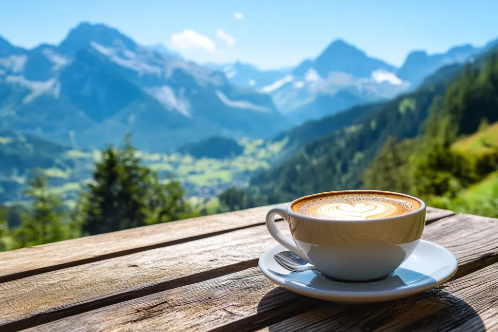 A cup of cappuccino sits on a wooden table overlooking a picturesque mountain landscape. The steam from the coffee rises against a backdrop of rolling hills and lush greenery. The sun illuminates the scene, casting a warm glow on the cup and table.  The image evokes a sense of tranquility and peaceful relaxation, ideal for enjoying a warm drink amidst stunning natural beauty.