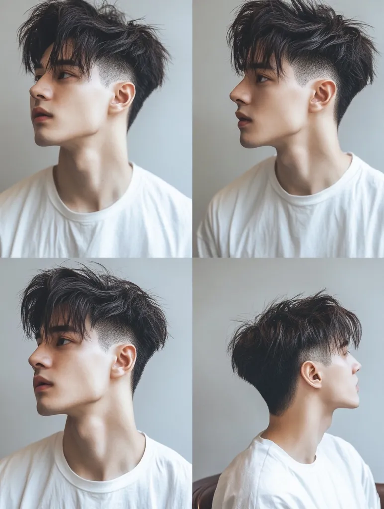 The image shows a young man with a stylish haircut. His hair is styled in a messy, textured way, with the sides shaved short. He is wearing a plain white t-shirt, and his expression is neutral. The image is split into four sections, with the man's head facing different directions in each section. This allows the viewer to see the haircut from multiple angles. The lighting is soft and natural, creating a clean and contemporary aesthetic.