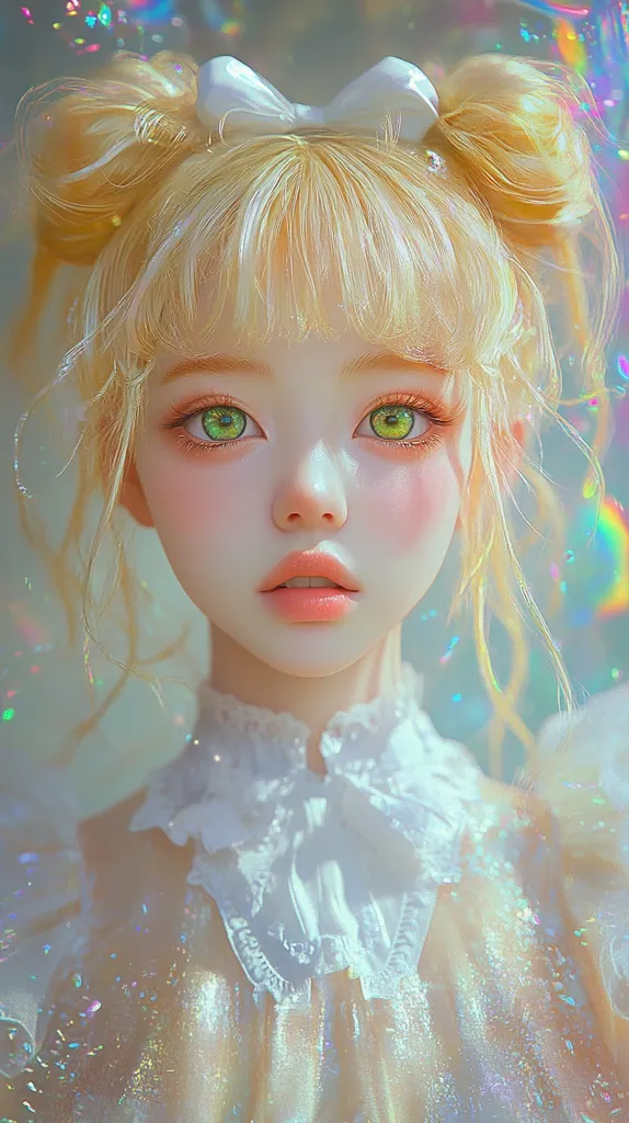 The image features a young girl with long, blonde hair tied up in two buns. She is wearing a white bow, a white lace collar, and a flowing, shimmering dress. Her eyes are a vibrant green, and she has a gentle, innocent expression. The background is a blurry, iridescent blur, suggesting a dreamy, whimsical atmosphere. The overall image evokes a sense of ethereal beauty and childhood wonder.