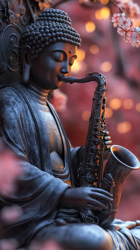 A black and white statue of Buddha, with a serene expression, plays a saxophone. He is seated in a relaxed pose, with his hand gently resting on the instrument.  A blur of pink and orange background gives the image a dreamy and spiritual quality. The image blends tradition with modernity, creating an intriguing visual.