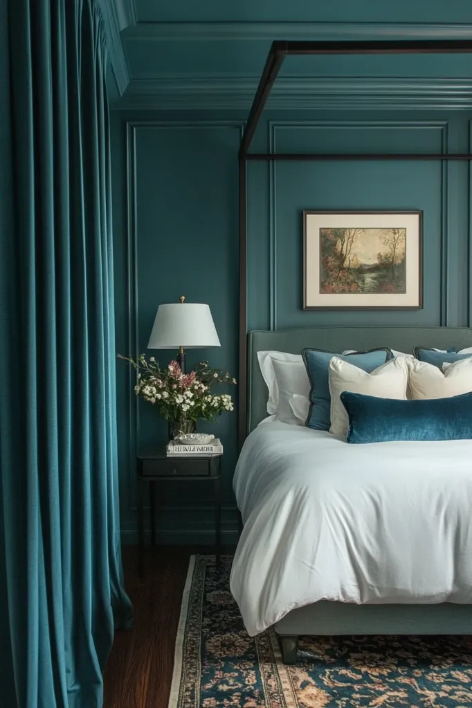 A luxurious bedroom with teal blue walls and matching curtains. A white bed with a black frame sits against the wall, dressed in crisp white linens and accented with blue throw pillows. A table lamp and a vase of flowers complete the cozy atmosphere. The dark wood floor and patterned rug add warmth and texture to the space.  The room has a calm and sophisticated vibe.