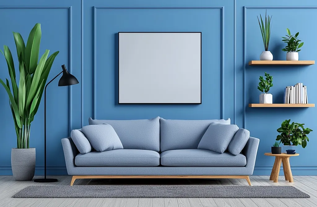 A light blue sofa sits in a modern living room with blue walls, wood-paneled accents, and a large empty picture frame. There is a floor lamp, a small rug, and potted plants. The room is styled with shelves holding more plants and books.  A small side table sits in the corner, adding to the minimalist aesthetic.