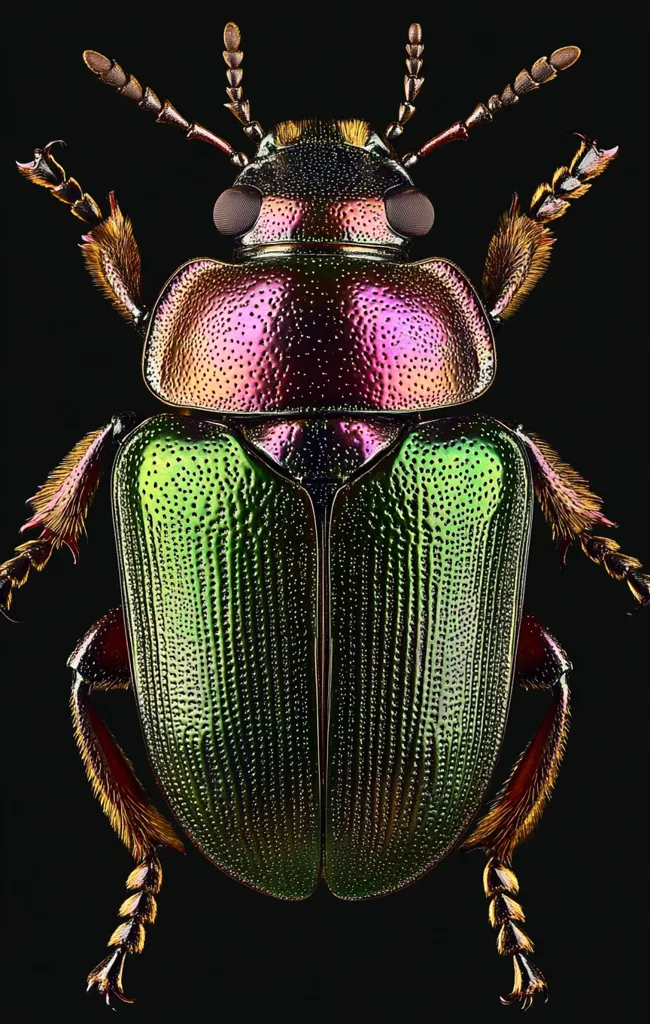 The image shows a close-up of a beetle with an iridescent green and purple exoskeleton. The beetle's body is segmented and its legs are long and thin. The image is taken against a black background, highlighting the beetle's intricate details and vibrant colors. Its antennae are long and segmented, and its eyes are prominent and black. The beetle's body is covered in fine hairs, giving it a velvety texture. The image captures the beauty and complexity of the insect world.