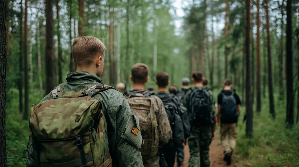 A group of soldiers in camouflage uniforms walk through a dense forest. The lead soldier is looking ahead with a large backpack on his back. The trees are tall and thick, blocking out much of the sunlight. The atmosphere is one of quiet determination and purpose.