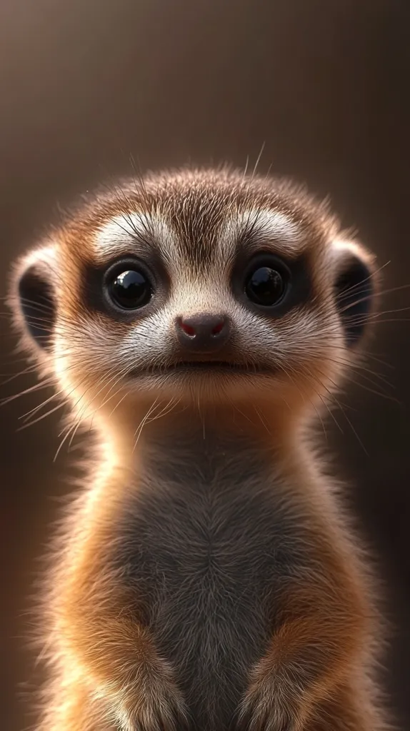 A close-up shot of a baby meerkat with large, dark eyes. The meerkat is looking directly at the camera with a curious expression. Its soft fur is a mix of brown and white, and its nose is pink. The background is blurred and out of focus, emphasizing the meerkat's adorable face.  The image captures the meerkat's innocence and charm.