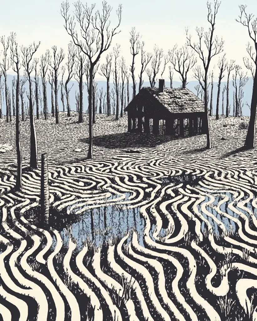 A black and white illustration of a desolate landscape. A small, dark cabin sits in the center of the image, surrounded by bare trees. The foreground is a field of abstract, swirling lines and shapes that suggest water and a reflecting surface. The overall effect is one of isolation and mystery.  The lines and shapes in the foreground resemble a maze, adding to the sense of uncertainty and enigma.