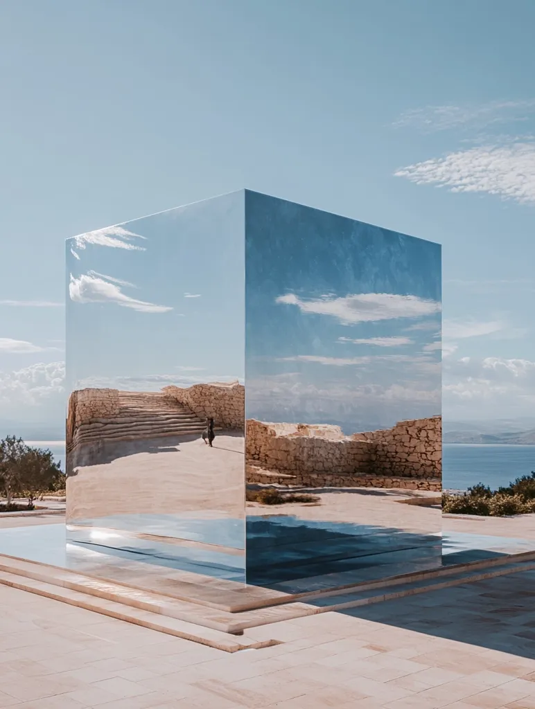 A large, reflective cube sits on a platform of stone slabs. The cube reflects the blue sky and white clouds, as well as the surrounding landscape. The cube appears to be floating on a shallow pool of water, creating a sense of depth and illusion. A lone figure walks towards the cube, creating a sense of scale and isolation. The image is minimalist and serene, with a focus on form, light, and reflection.
