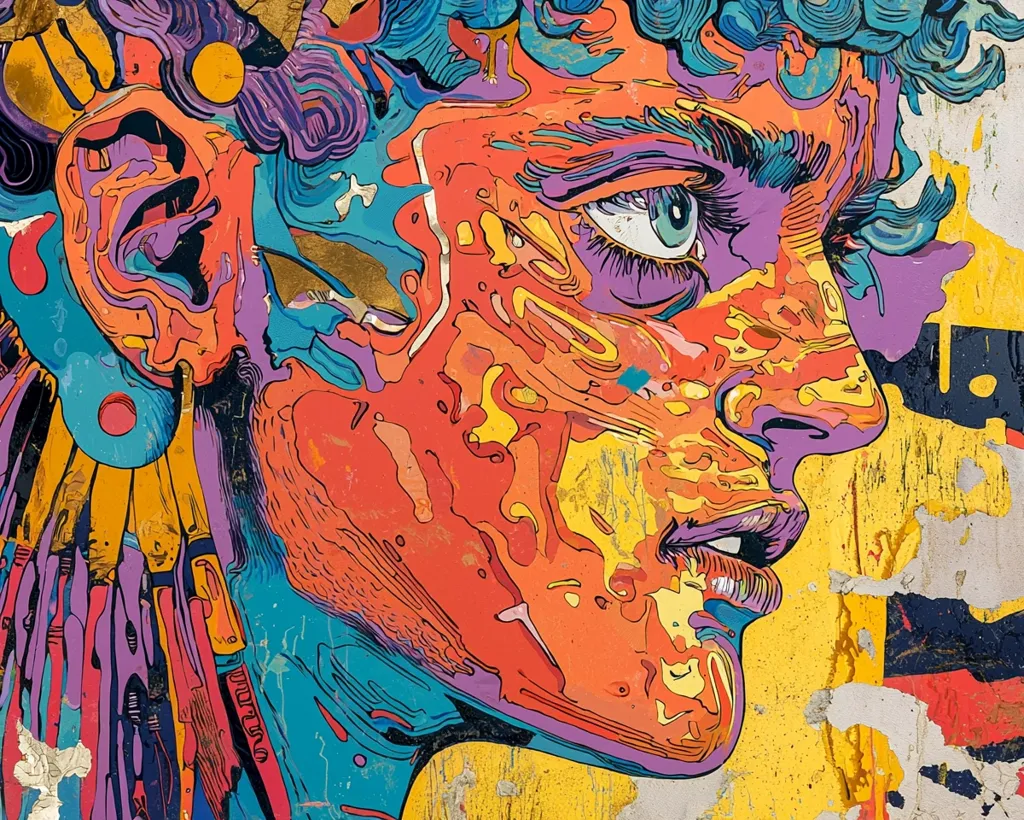 The image is a close-up of a colorful, abstract mural depicting a person's face. The face is drawn in a style reminiscent of pop art or street art, with bold outlines and bright, saturated colors.  The person appears to be looking off to the side, with a serious expression. The background is a vibrant yellow with hints of blue and orange, adding to the overall vibrancy of the artwork. The image is likely a piece of street art, showcasing the creative expression of the artist.