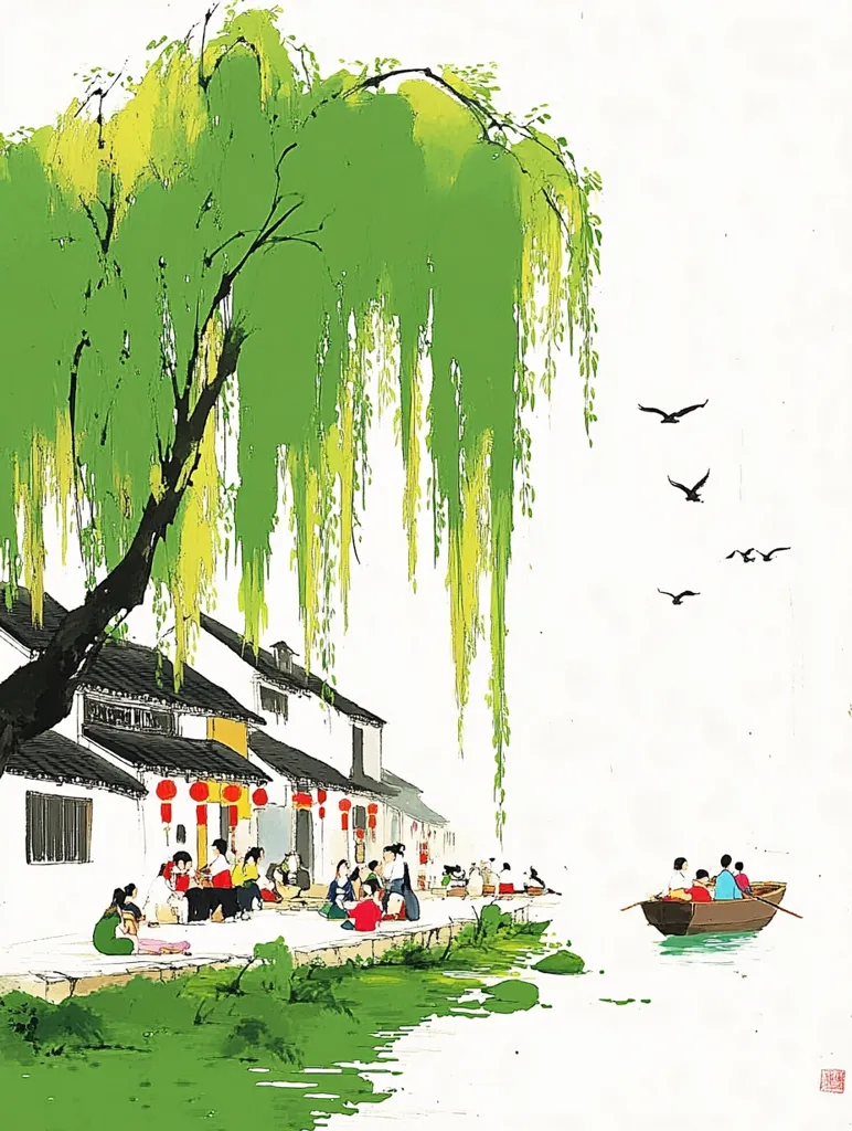 A vibrant watercolor painting depicts a peaceful scene. A weeping willow tree with cascading branches dominates the left side, casting a verdant shadow over a row of charming houses. People gather along the waterfront, some seated and others enjoying a leisurely boat ride. A tranquil river winds through the scene, reflecting the clear blue sky and graceful flight of birds. The use of soft, muted colors creates a serene and timeless ambiance.